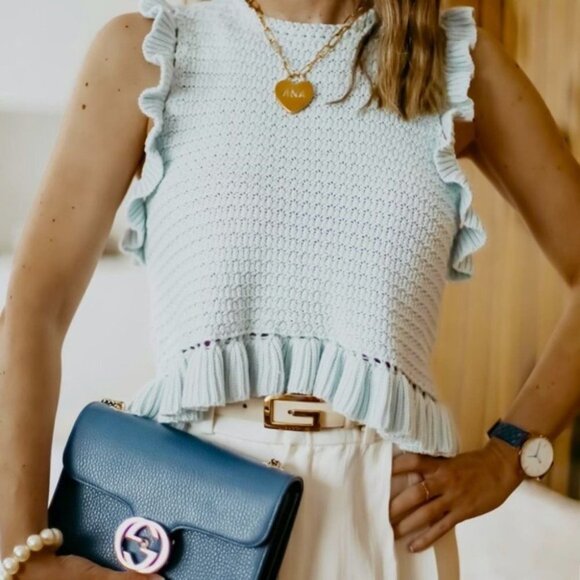 Zara Sweaters - Zara Knit Crochet Ruffle Sleeveless  Sweater Vest Light Blue Sz Medium
